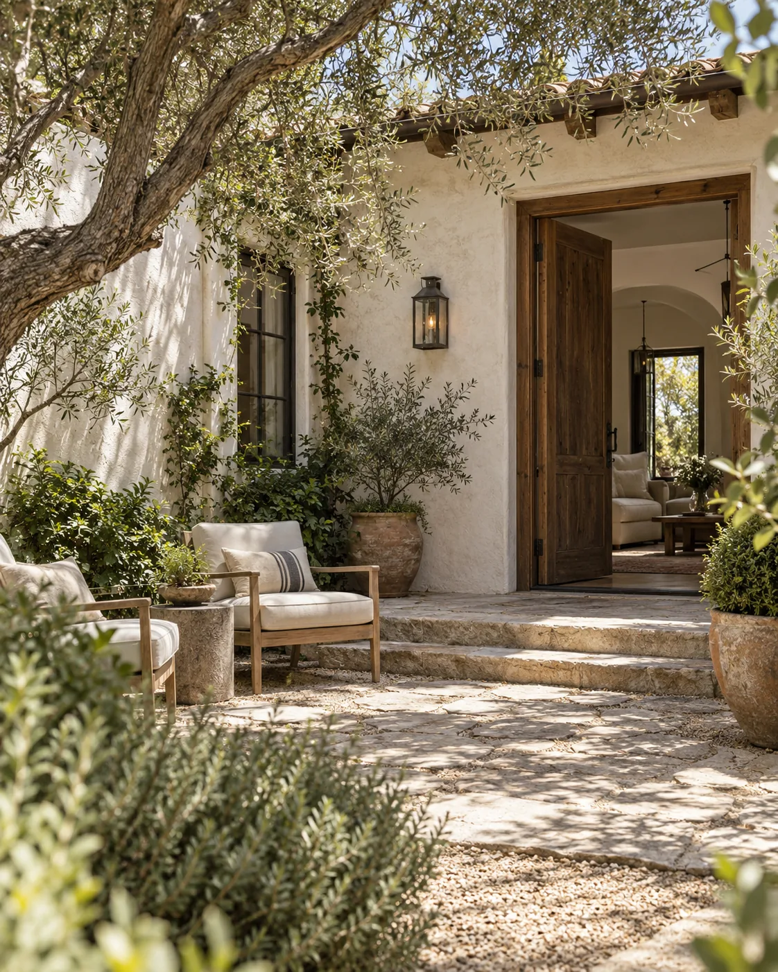 AI-generated illustration of a sunlit residential courtyard with a tree, outdoor chairs, and an open doorway.